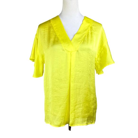 Ivy Jane Bright Neon Yellow Satin V-neck Flutter Short Sleeve Blouse - Picture 1 of 13